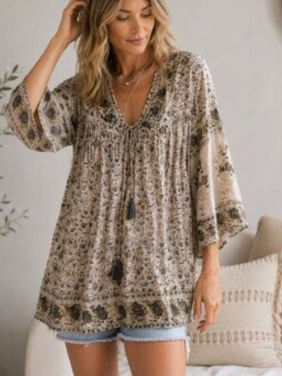 Angie Tops - Angie Tunic Top Medium Beige Floral Crinkle Rayon Boho Tassel Cottagecore Flowy